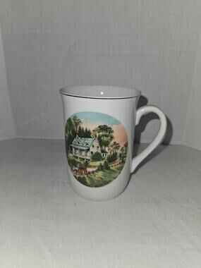 10 oz white porcelain Currier and Ives Summer scene mug.